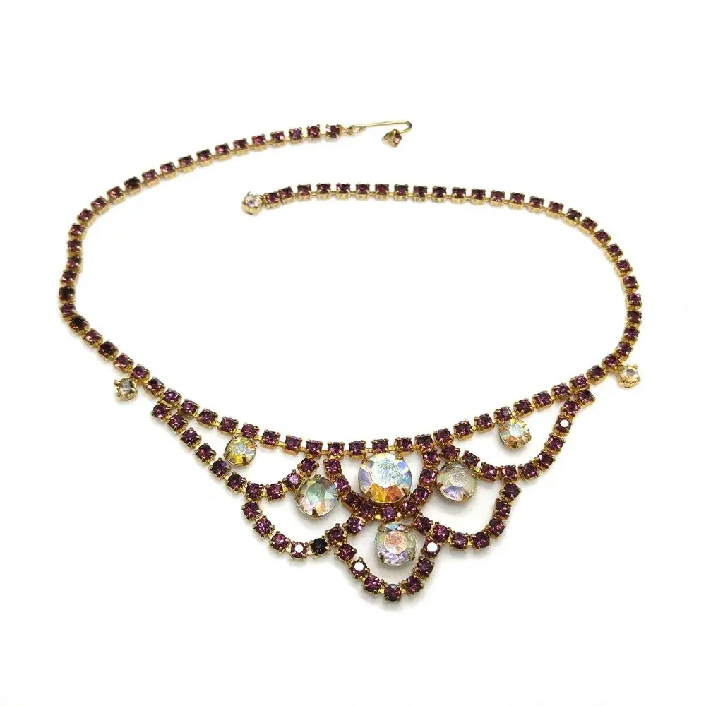 Vintage Purple AB Clear Rhinestone Choker Necklace, Gold Plated, Aurora Borealis